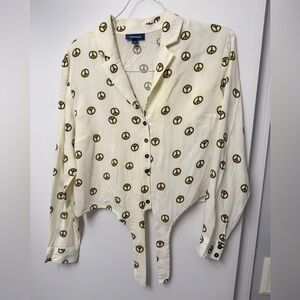 Modcloth White Blouse with Peace Sign Design
